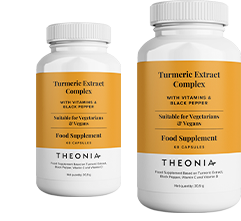 Two bottles of Theonia Turmeric Extract Complex with vitamins and black pepper, labeled as suitable for vegetarians and vegans, each containing 60 capsules