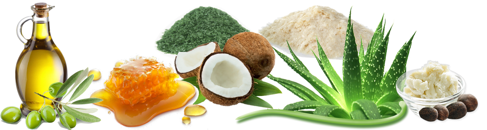 A variety of natural ingredients including olive oil, honeycomb with honey, coconut, spirulina, aloe vera, shea butter, and powder supplements displayed on a light background.